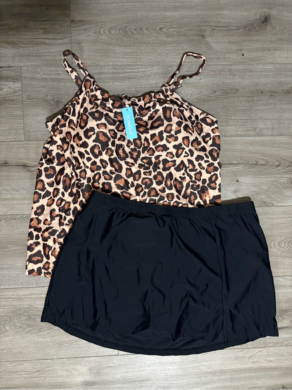 YONIQUE Leopard Print Swim Top with Black Swim Skirt